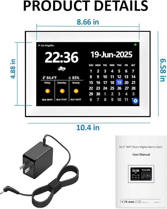WiFi 10.1 Inch Digital Alarm Clock for Seniors, Large Display with Day/Date Smart Touchscreen Electronic Calendar 64 Alarms 64 Reminders Dementia Alarm Clock for Elderly（White）