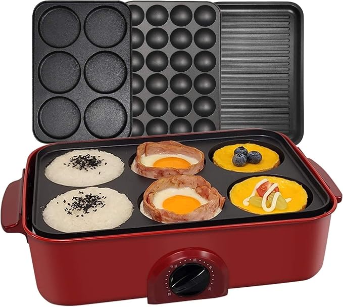 3 in 1 Multifunctional Electric Griddle Electric Skillet Nonstick Baking Maker with 3 Interchangeable Pan Takoyaki Maker Cake Pop Maker Pancake Maker Red