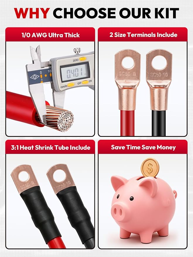 1/0 AWG 40FT Copper Clad Aluminum Battery Cable Kit, 0 Gauge 20FT Red + 20FT Black CCA Power/Ground Wire with 20PCS Ring Terminals & 3:1 Heat Shrink Tubing for Car Audio, RV, Solar, Inverter