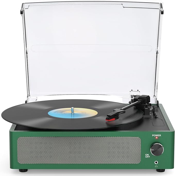 Vinyl Record Players Turntable with Speakers Wireless Receiver 3 Speed RPM LP Phonograph Belt-Driven Headphone AUX RCA Auto Stop All-in-one Turn Table for Beginners Collectors Grass Green