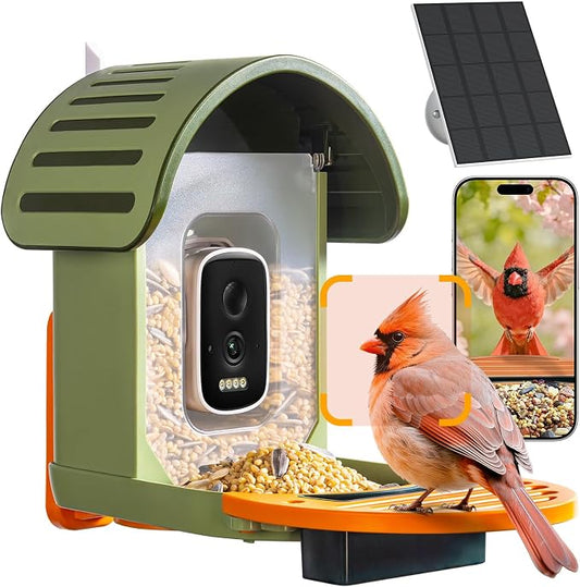 Smart Bird Feeder with Camera, 2.5K UHD Solar Powered WiFi Bird Watching Camera, AI Bird Species Identification, Instant Alerts, IP66 Waterproof Outdoor Wild Bird Feeder, Gift for Dad, Green