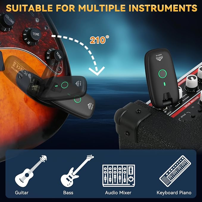 EASTROCK Wireless Guitar System, Guitar Transmitter & Receiver for Electric Guitar, Bass, Keyboard & More Instruments, 7-Channel Rechargeable, 6H Battery, 1/4” & 1/8” Plugs, Black