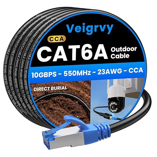 Cat6A Outdoor Ethernet Cable 40 ft Supports POE, 23AWG 550MHz high-Speed CAT6A Cable, Internet Cable Direct Burial Waterproof LLDPE Outer UTP UV LAN Network Ethernet Cord with 20 Cable Ties