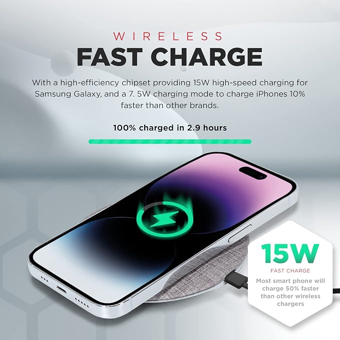 Wireless Fast Charger, 15W Aluminum Fast Charging Pad, USB-A to USB-C Cable Included, Compatible with iPhone Apple & Android, AC Adapter Included | Gray