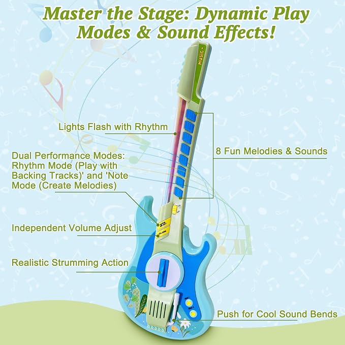 Sealive Kids Electric Guitar Toy for Toddlers 3-5, 23 Inch Childrens Guitar | with Strap for Play Guitar, Pretend Concerts, Stage Performance, with Strumming Bar, Tremolo Bar, Light Up Music, Blue