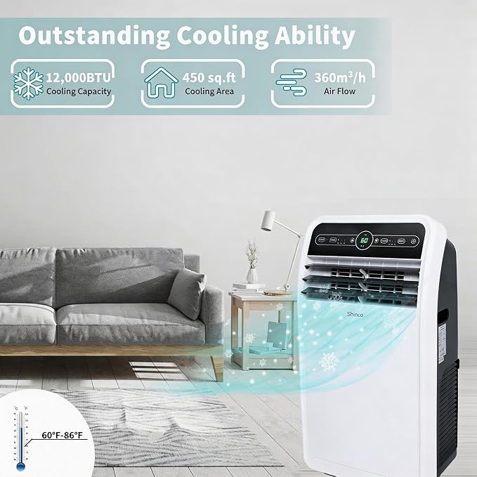 Shinco 7500 BTU DoE/12,000 BTU Portable Air Conditioner, Portable AC Unit with Built-in Cool, Dehumidifier&Fan Modes for Room up to 450 sq.ft, with Remote Control, 24 Hour Timer, Installation Kit