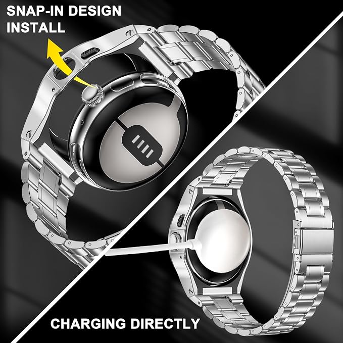 SUPLINK Stainless Steel Case and Band Compatible with Google Pixel Watch Band/Pixel Watch 2 Bands 41mm for Men,Metal Adjustable Wristband Protective Bumper for Pixel Watch 3 Accessories, Sliver