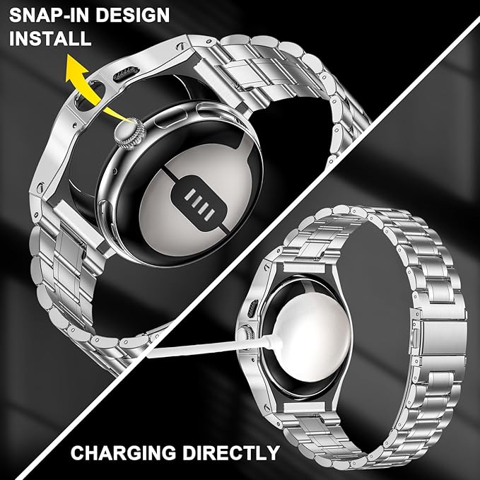 SUPLINK Stainless Steel Case and Bands Compatible with Google Pixel Watch 3 45mm Band Men, Rugged Metal Protective Case Adjustable Replacement Wristband for Google Watch 3 45mm (2024) - Silver