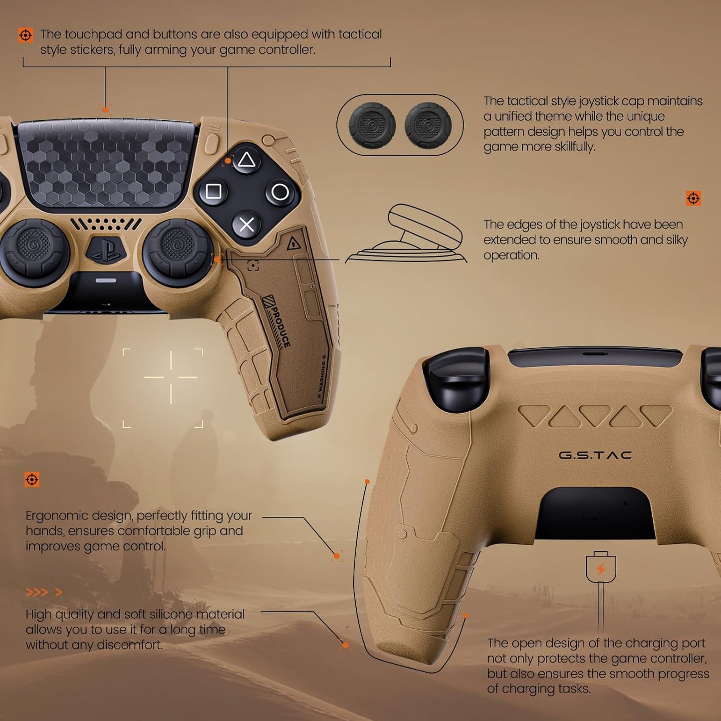 GeekShare G.S.TAC Tactical PS5 Controller Skin Set: Non-Slip Silicone Cover Compatible with PS5 Wireless Controller, 2 Thumb Grips & 2 Stickers, Compatible with Monster Hunter Wilds (Desert Yellow)