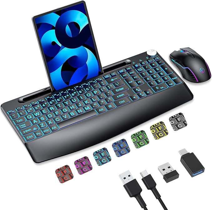 Lighted up Full Size 2.4G Wireless Keyboard and Mouse Combo, Rechargeable,with 7 Colored Backlits &Phone Holder &Wrist Rest &jiggler Mouse,for Mac Windows Laptop PC (Keyboard and Mouse Set)