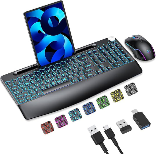 Lighted up Full Size 2.4G Wireless Keyboard and Mouse Combo, Rechargeable,with 7 Colored Backlits &Phone Holder &Wrist Rest &jiggler Mouse,for Mac Windows Laptop PC (Keyboard and Mouse Set)