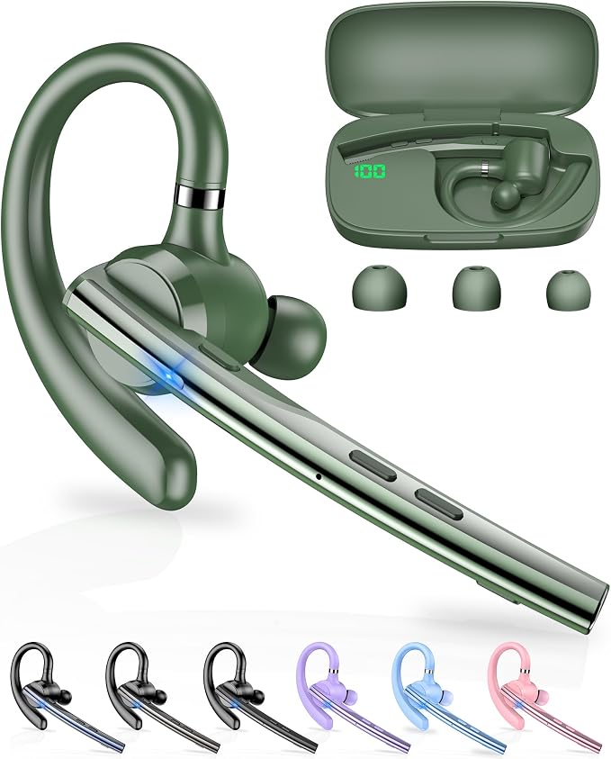 New Bee Bluetooth Headset, Single-Ear Bluetooth Earpiece for Cell Phone Calls, Dual Mic with Mute Button, 72H Talk Time, 500mAh Charging Case Wireless Headset for Phone and Laptop