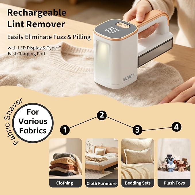 EiLVEEY Rechargeable Lint Remover, Fabric Shaver Fuzz Remover, Sweater Shavers with 6-Leaf Blades, 3-Speeds Digital LED Display to Remove Pilling for Clothing and Furniture, Lint Ball, White