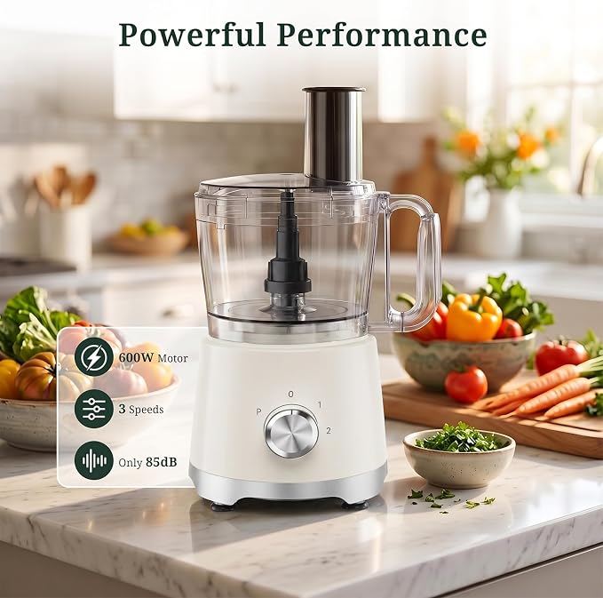 Food Processor 10.5 Cup (2.6QT), 600W Electric Food Chopper with 5 Stainless Steel Blades, 3-Speed Vegetable Chopper for Slicing, Shredding, Chopping & Dough Kneading, BPA-Free, Dishwasher Safe
