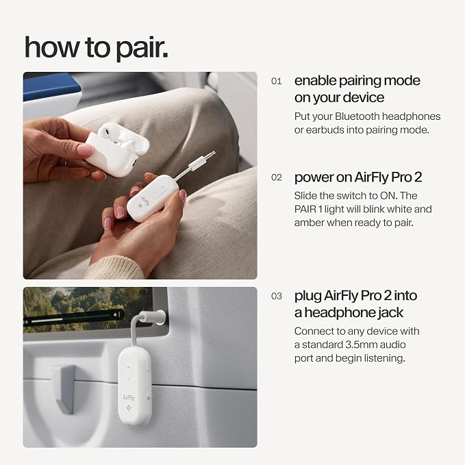 AirFly Pro 2 – Bluetooth Adapter, Pair 2 AirPods or Wireless Headphones – 3.5mm AUX Bluetooth Transmitter and Receiver for Cars, Boats, Treadmills, TVs & More – Travel Essentials,White