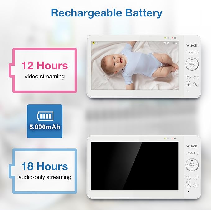 VTech Baby Monitor No WiFi with 7" Screen – 12Hr Battery, 1000ft Range, Night Vision, Two-Way Talk, Temperature Sensor, Lullabies, Sound-Activated Screen | 819 Max