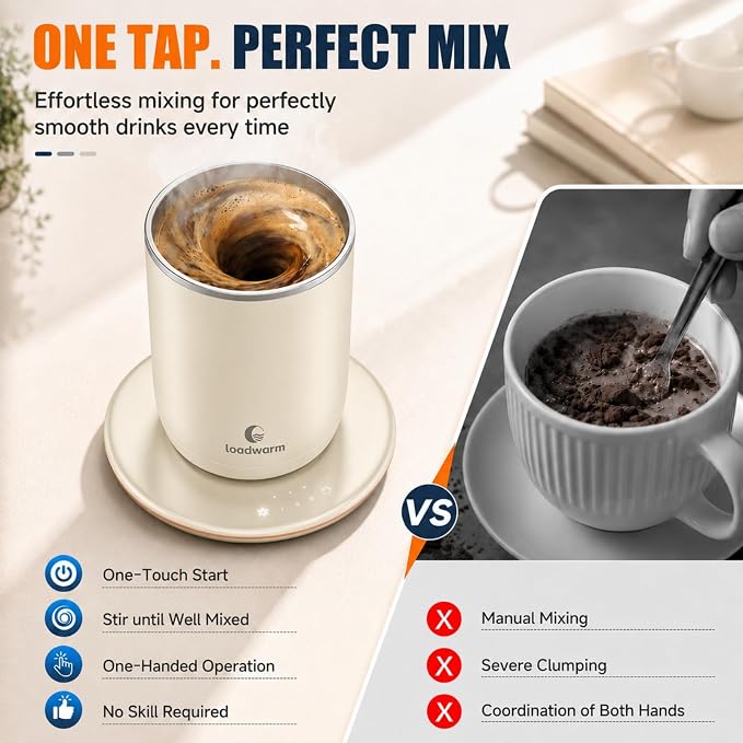 Self Heated Stirring Coffee Mug, 10oz Auto Mixing Cup with Warmer, White | 3 temp settings, food-grade stainless steel interior, 8-hour auto shut-off, plug-in desk mug with Warmer for office home