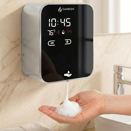 GentleJet AuraJet Automatic Foaming Soap Dispenser Wall Mount – Touchless Sensor, LED Display, 5 Foam Levels, Rechargable USB-C or Battery Powered, Aluminum Alloy, 480 ml Refillable