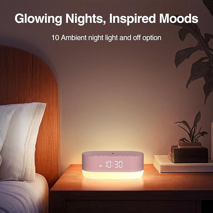 HOUSBAY Sound Machine with Alarm Clock for Bedrooms, Dual Speakers, 21 HiFi Sounds, 10W Wireless Charger, Unlimited Sound, Bluetooth, 10 Night Light, White Noise Machine for Sleeping, Pink
