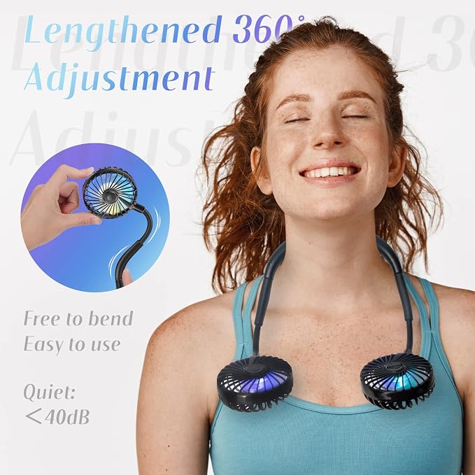 VAGAU Portable Cooling Neck Fan, Rechargeable USB Personal Neck Fans with Colorful LED lights, 360° Rotation, Wearable Neck Fan Air Conditioner for Office Travel Sport, 3 Adjustable Speeds（Black）