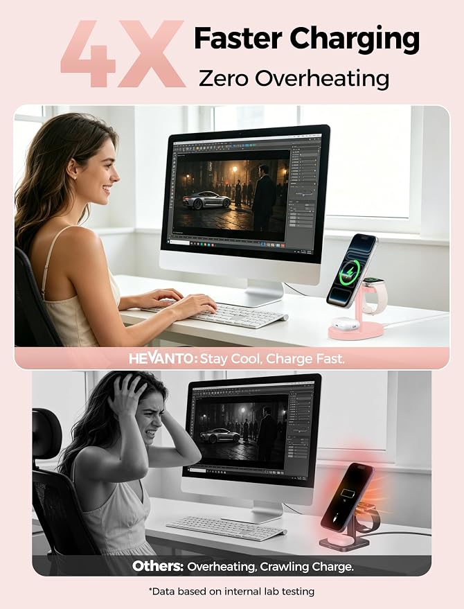 Hevanto 2026 3 in 1 Wireless Charging Station for Apple MagSafe Charger, 15W Fast Mag-Safe Charger Stand for iPhone 17 16 15 14 13 12 Apple Watch AirPods Compatible with MagSafe, Pink