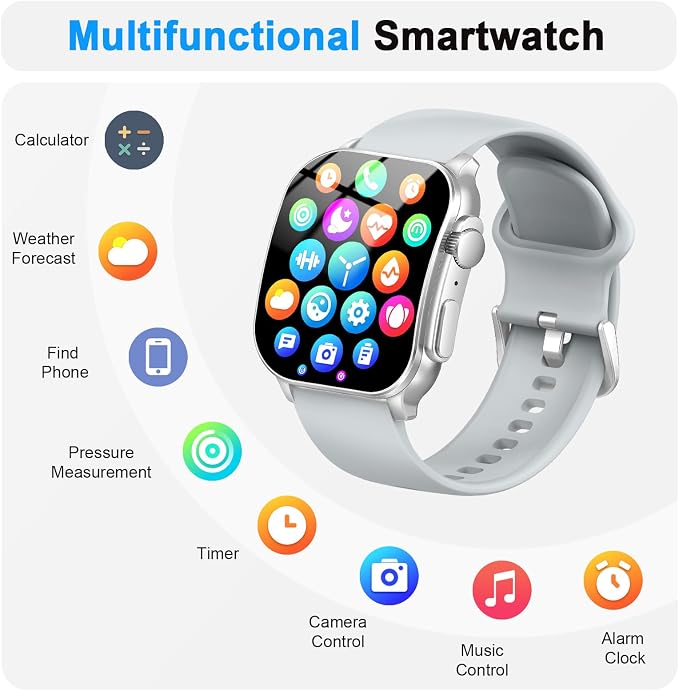 Smart Watch, 2.01" AMOLED Curved HD Full Touch Screen, Compatible with iOS & Android for Daily Workout Business Gift, Fitness Tracker with 24/7 Heart Rate/Sleep Monitor, IP68 Waterproof Watch Gray