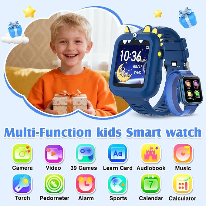 Smart Watch for Kids with 39 Games,Camera,Video,Music Player,Recorder,Alarm,Pedometer,Flashlight,Stopwatch,HD Touch Screen,Borthday Gift Toy for Boys Ages3-12(Blue)