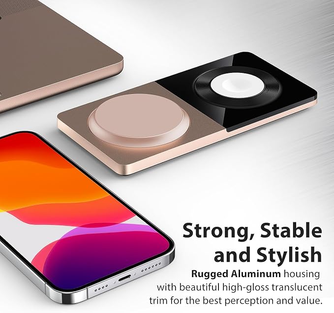 PETINO 3 in 1 Wireless Charging Station for Apple Devices with MagSafe | For iPhone 17/Air/16/15/14/13/12, AirPods & Apple Watch, Foldable Portable Aluminum Charging Stand, Adapter Included