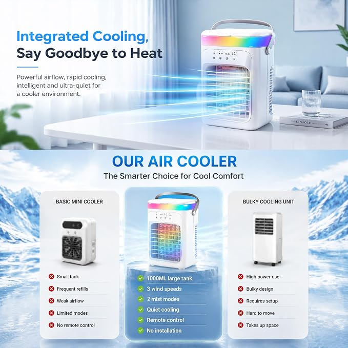 2026 New 4-in-1 Portable Air Conditioner, Sound ≤30dB Mini AC Unit, 12H Runtime, 1000ML Evaporative Air Cooler, 3 Speed & 2 Mist, Remote, USB, Timer, 7-Color LED for Bedroom Office Car - 1 PCS
