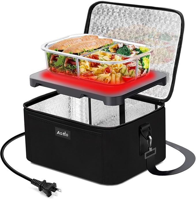 Aotto Electric Lunch Box Food Warmer: 110V/120V Mini Heated Lunch Box Food Heater with Wall Plug for Men and Women - Reheat & Keep Meals Warm for Work, Office, and Construction - Black