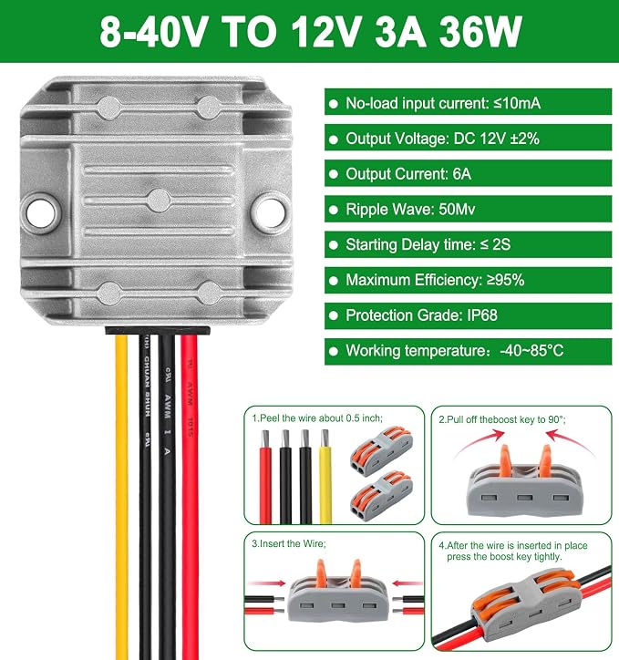 EAGWELL DC 8-40v to 12v Converter 3A 36W Step Down Converter Voltage Reducer IP68 Waterproof Transformer for Golf Cart Truck Boat Vehicle