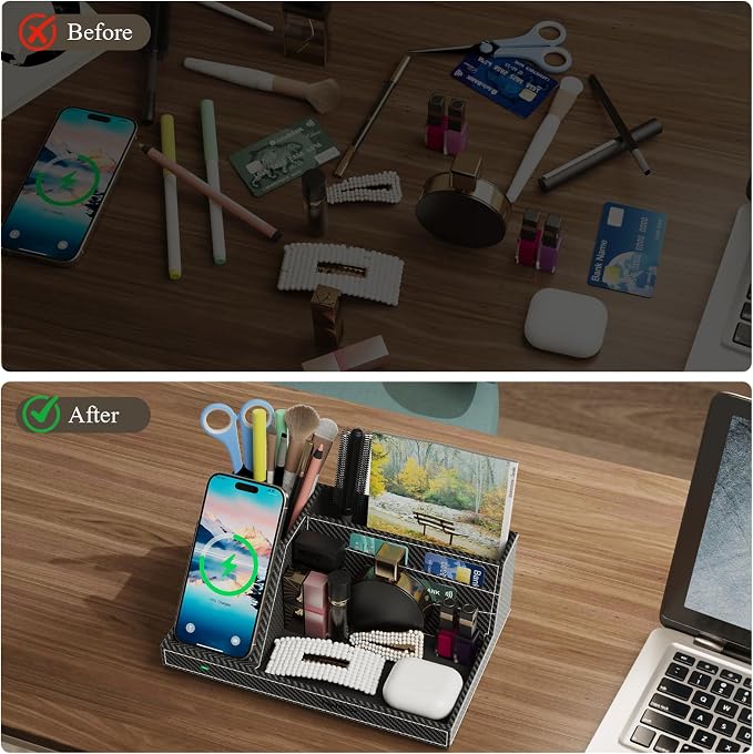 TopMade Wireless Charger Nightstand Organizer, Multi-functional Leather Home Office Supplies, Fast Charging Station for iPhone, Remote Control Pen Holder, Desktop Storage (Black Carbon Fiber)