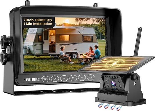 Magnetic Solar Wireless Backup Camera for RV Truck Trailer – 7" 1080P Monitor, 1-Min Install, No Delay, 150° Rearview Camera, IR Night Vision, Auto-Sleep, Rechargeable Battery Reverse Camera
