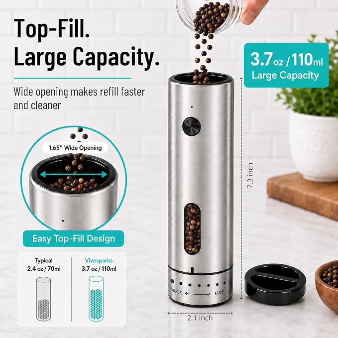 Rechargeable Electric Salt and Pepper Grinder Set of 2 with Charging Base, Automatic One-Hand Pepper Mill, Top-Fill 3.7 oz, 6 Coarseness Levels, Stainless Steel, USB-C with LED