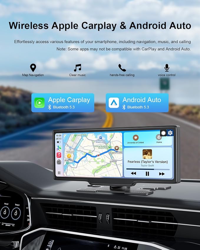 HK5 Carplay Screen for Car, 10.26’’ HD Wireless Apple Carplay & Android Auto Touchscreen with Backup Camera, Car Play Screen iOS 26 Compatible, GPS Navigation/Mirror Link/Siri/FM (No Front Camera)