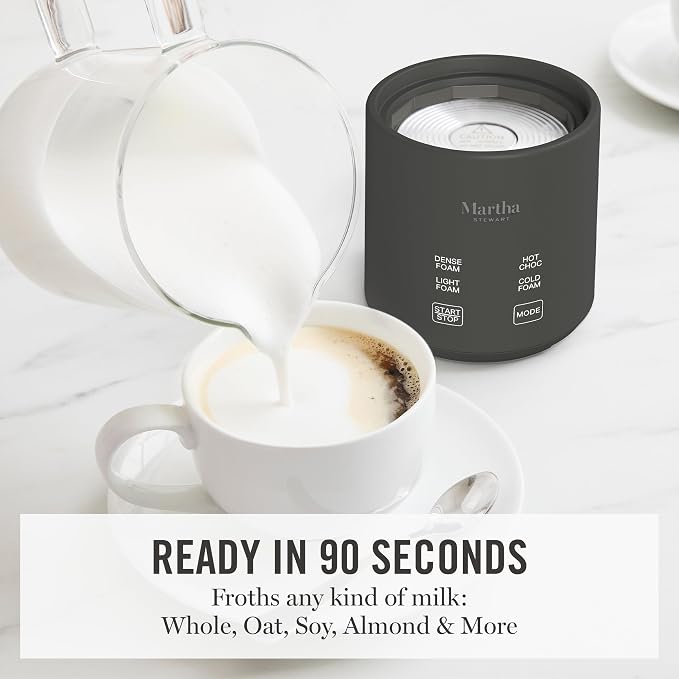 Martha Stewart Milk Frother and Steamer, 10oz/300ml Glass Cup, 4 Presets (Cold Foam, Light, Dense & Hot Chocolate), Ready in 90 Seconds, Cordless Pouring, One-Touch for Hot and Cold Milk, Caviar Gray