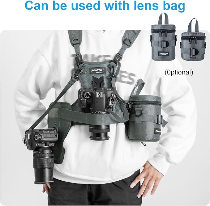 FOMITO Dual Camera Chest Harness System, Professional Photography Vest with Side Holster, Gray