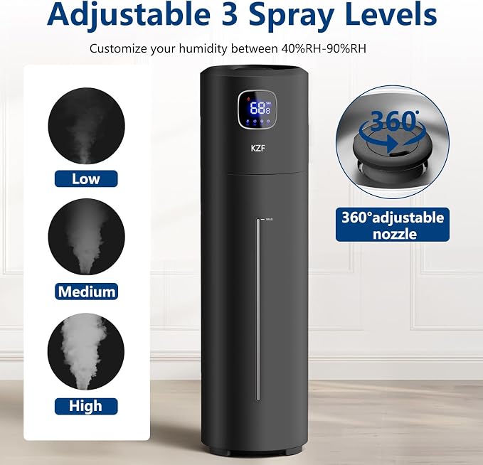 KZF Humidifier Large Room, 9L Humidifiers for Bedroom, Ultrasonic Cool Mist Humidifiers with Humidistat, 360°Nozzle, 350ML/H Big Mist Level, Suitable for Baby Livingroom Yoga Office Plants Home