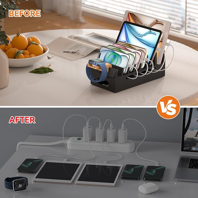 Bamboo Charging Station with Watch Stand, Docking Holder for Multi Device with 5 Charge Cables, Desktop Dock Stations Electronic Organizer for Cellphone, Tablet, Watch(No USB Charger)-Black
