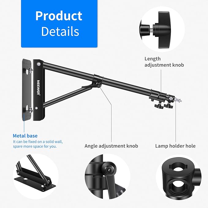 Neewer Wall Mounting Boom Arm with Triangle Base for Photography Studio Video Strobe Light Monolight Softbox Umbrella Reflector, 180 Degree Rotation, Max Length 66.5 inches/169centimeters (Black)