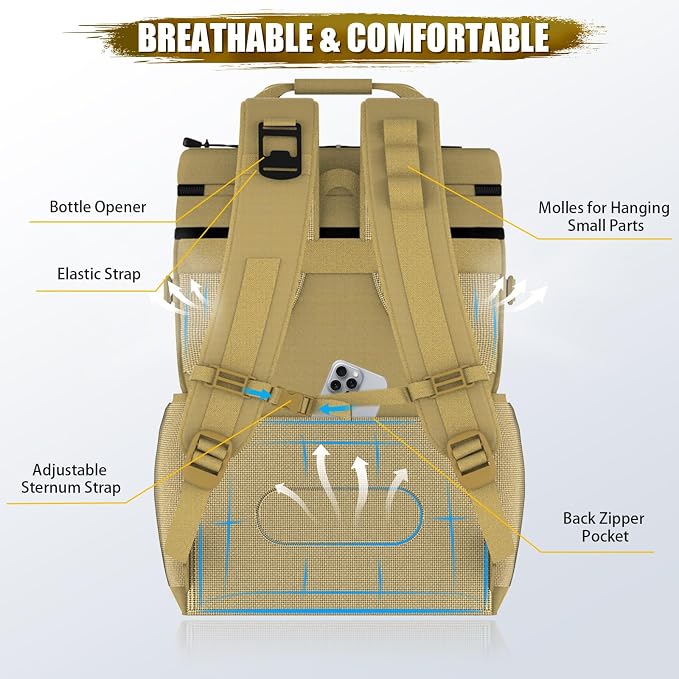 Tactical Backpack Cooler, AYAMAYA Leakproof 40 Cans Soft Cooler Backpack with Handle, Waterproof Insulated Tactical Lunch Box Bag for Work, Beach, Travel, Camping, Picnic, Hiking