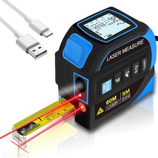 Menider 4-in-1 Laser Measure Tool - Digital LCD & Self-Locking, 196ft/60m Laser & 16ft/5m Tape, Cross Line & Dual-Axis Angle, Rechargeable for Pros