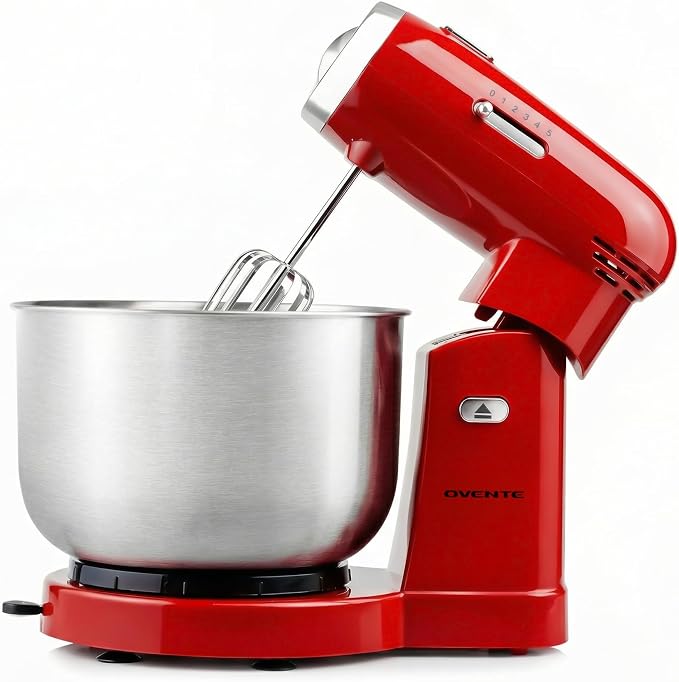 OVENTE Electric Stand Mixer with 3.5 Quarts Stainless Steel Mixing Bowl, 5 Speed Portable and Lightweight 250W Kitchen Mixer for Everyday Use, Includes 2 Egg Beater Whisk and Dough Hook, Red SM680R