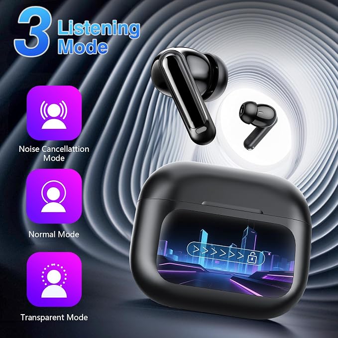 Thunelec Wireless Earbuds with Touch Screen, 2026 New Bluetooth 5.4 Headphones with ANC/ENC Mic, 50H HiFi Stereo Ear Buds with 5 EQ Modes, Transparency Mode, IPX7 Earphones for Running/Fitness, Black