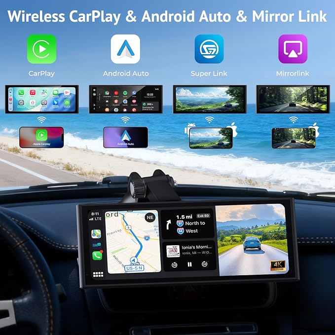 10.26" HD Wireless CarPlay Screen for Carplay & Android Auto Touch Screen,4K Dash Cam,1080P Backup Camera,Mirror Link,GPS,Bluetooth,64G TF,for All Vehicles