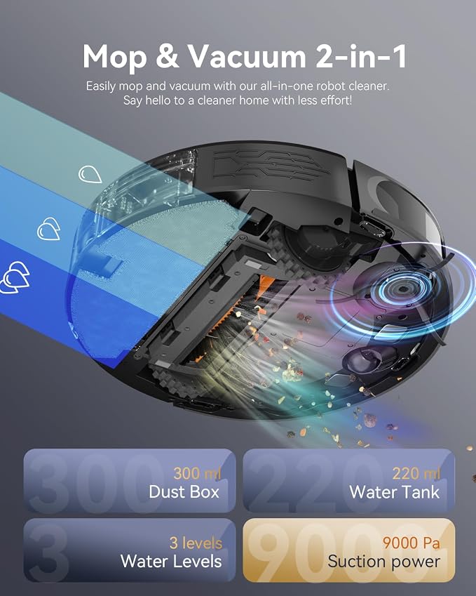Robot Vacuum and Mop Combo, LiDAR Navigation with Ultra Slim Design, Smart Mapping Robotic Vacuum Cleaner, 9000Pa Suction, Customizable Cleaning for Pet Hair, Carpets,Hard Floors (Light Black)