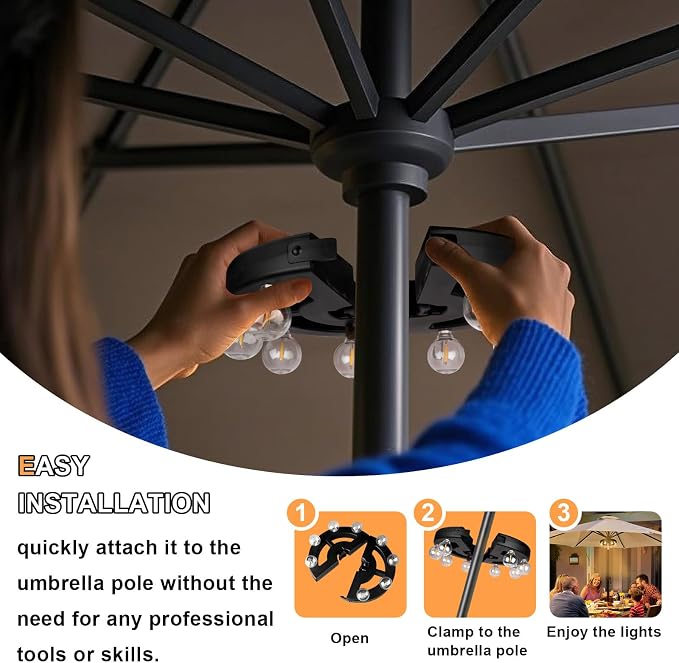 Umbrella Lights Outdoor Patio, Rechargeable Cordless with Dimmer &Timer, 8 Bright Warm White LED Bulbs Perfect for Garden, Backyard, Camping, BBQ or Indoor Use