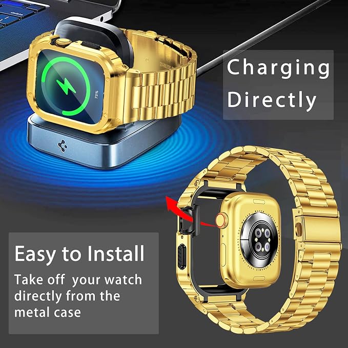 MioHHR Stainless Steel Band and Case Compatible with Apple Watch Band 45mm, Men Metal Protective Bumper Cover for iWatch Series 9/8/7, Gold