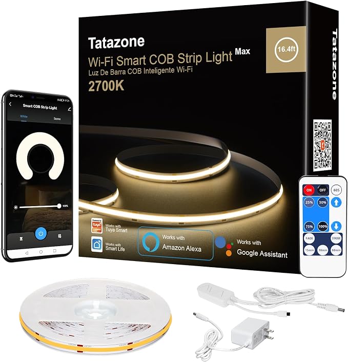 Tatazone Smart White COB Led Strip Light with App and Remote, 16.4ft 2700K Bright Warm Color WiFi COB Light Strip Compatible with Alexa Google, Dimmable Indoor Led Lights for Mirror, Cabinet, Kitchen