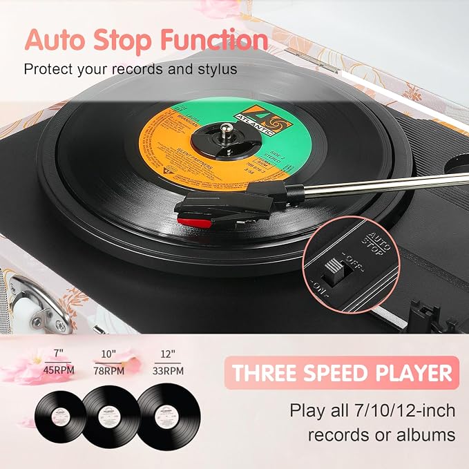 Pink Floral Vinyl Record Player with Built-in Speakers & USB Recording, Vintage 3-Speed Bluetooth Portable Suitcase Turntables Belt-Driven LP Player Support AUX/RCA/Headphone Jack